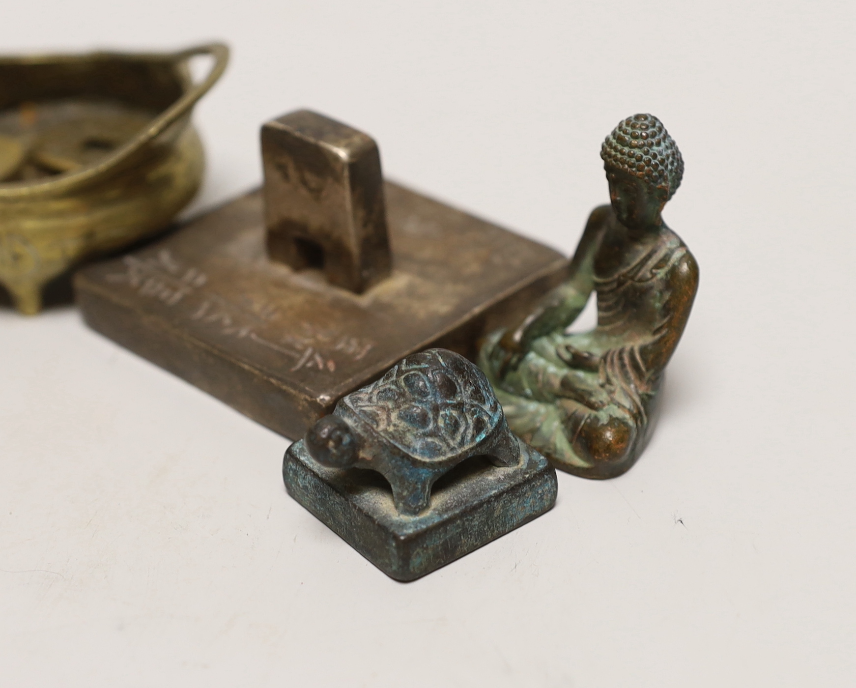 Five Chinese coins, five seals and a miniature censer
